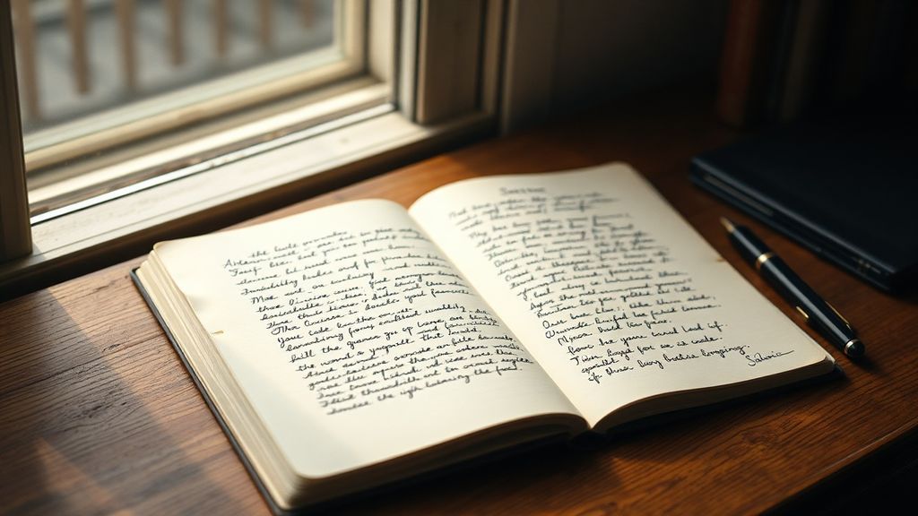An open notebook on a wooden desk with a pen and soft morning light