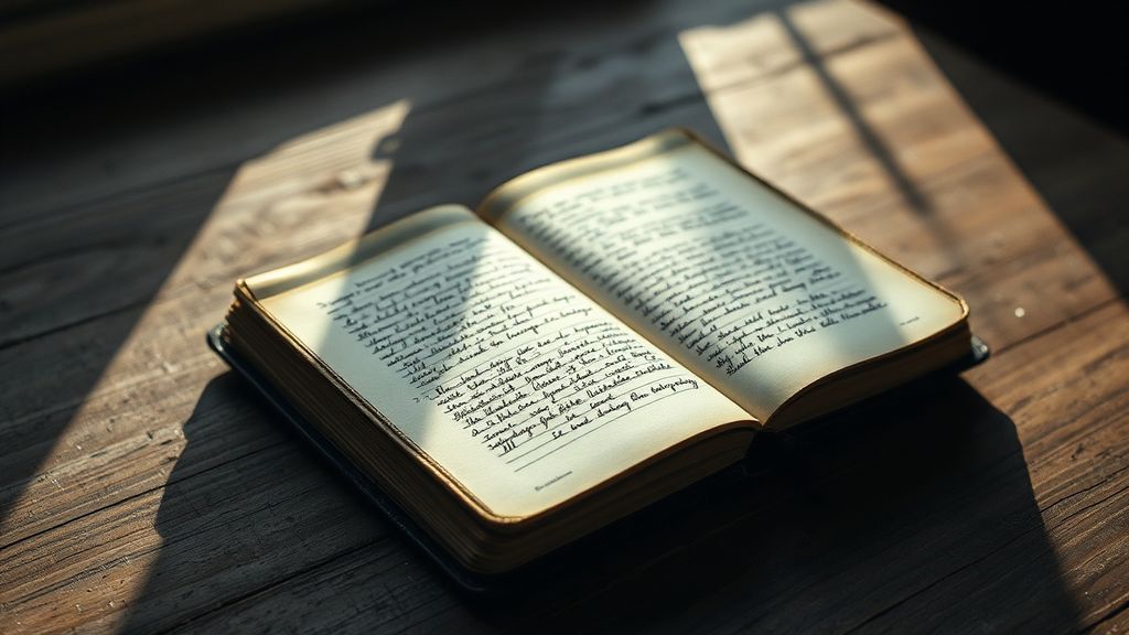 A worn leather journal open on a wooden desk with handwritten notes