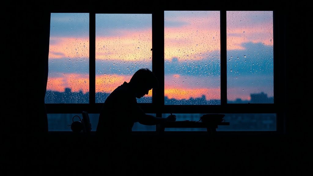 A person writing at a desk by rain-streaked window at dusk