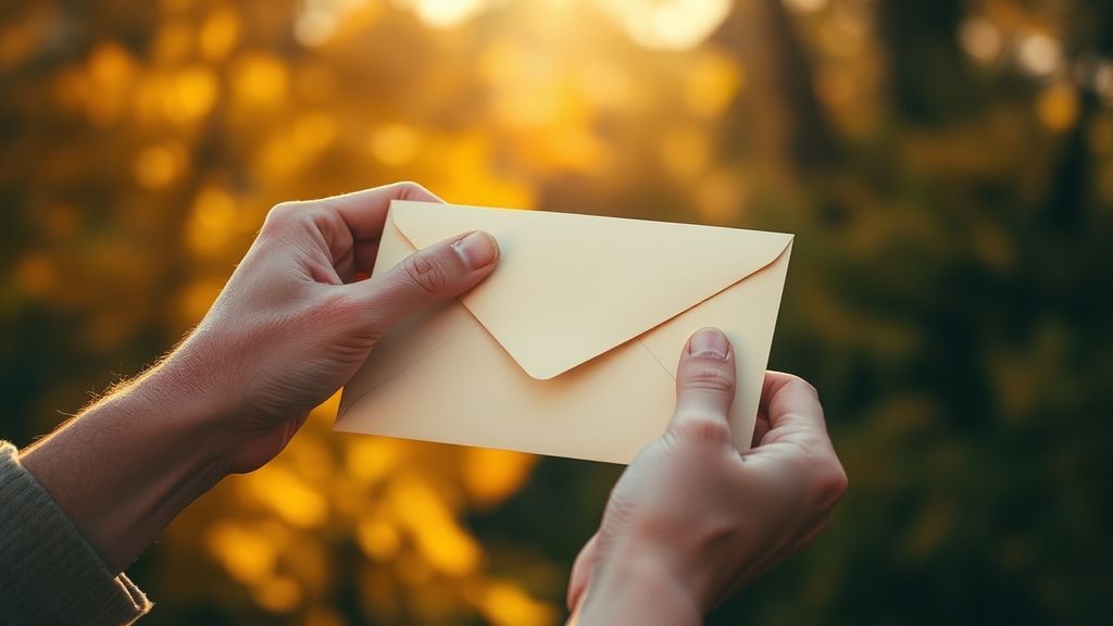 Hands holding sealed envelope against autumn foliage background