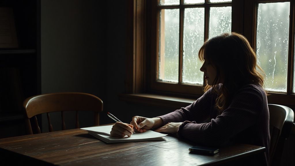 A woman writing by hand at a wooden desk near a rain-streaked window