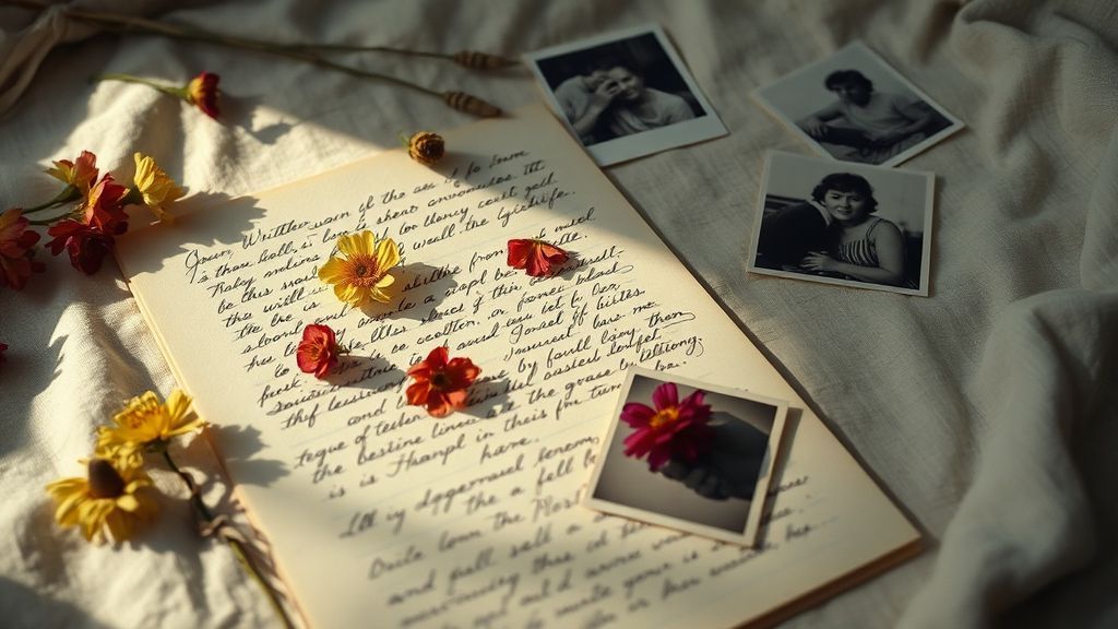 Close-up of handwritten letter pages with pressed flowers and old photographs