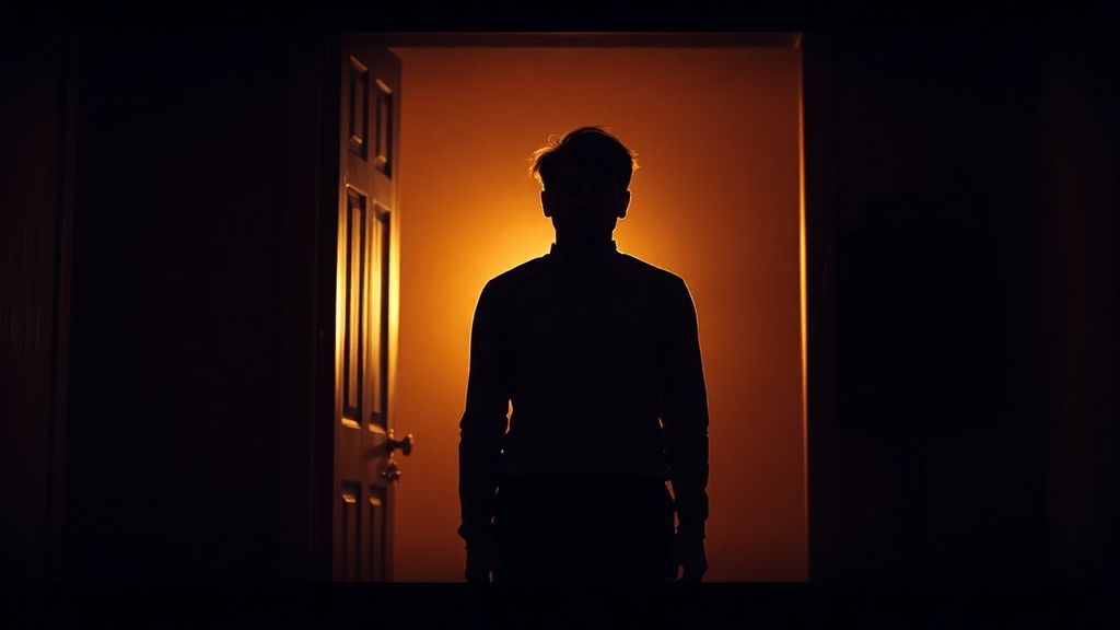 Silhouette of person standing in doorway with warm interior light behind them