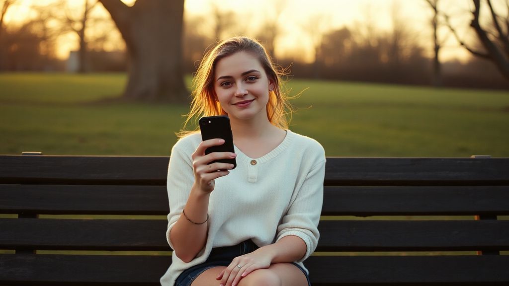 A woman sitting alone on a park bench holding a flip phone with a slight smile