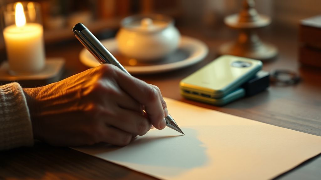 Hands writing a letter by candlelight with a flip phone visible in soft focus on the desk