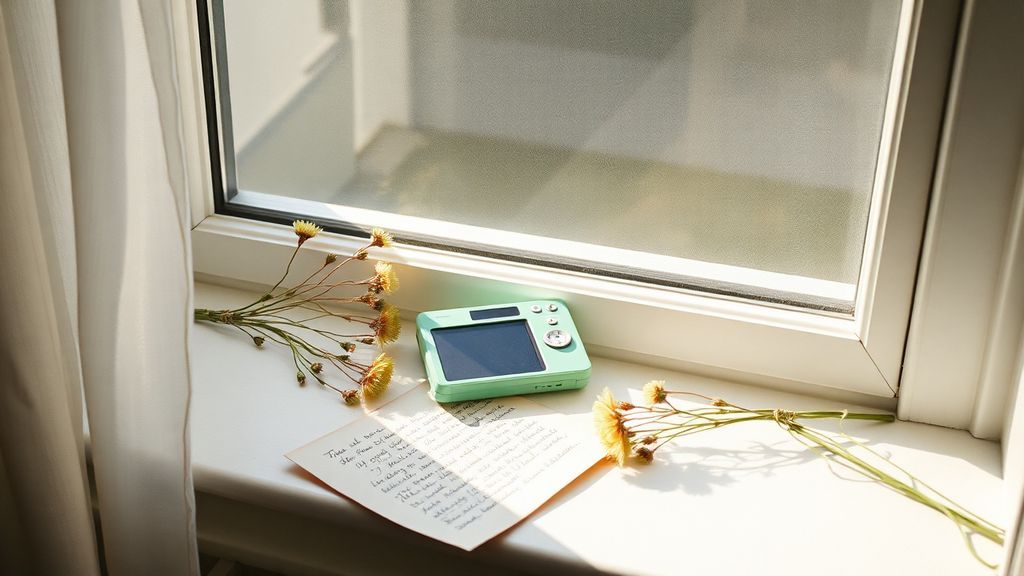 An open flip phone on a windowsill with handwritten letters and dried flowers, morning light streaming in