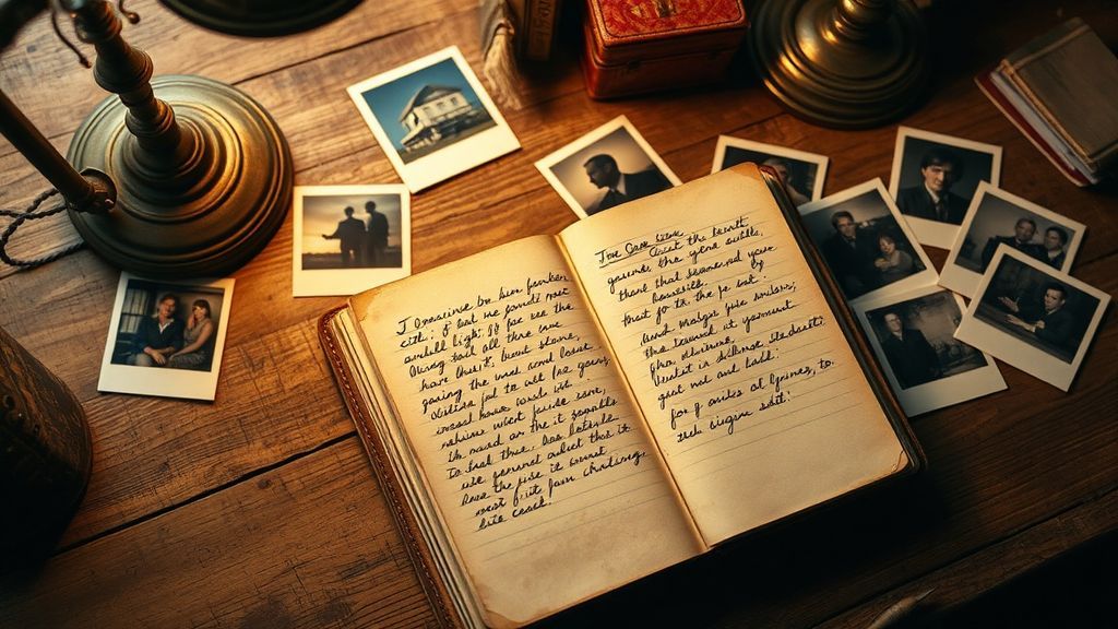 A worn leather notebook and vintage Polaroid photographs scattered on a wooden desk