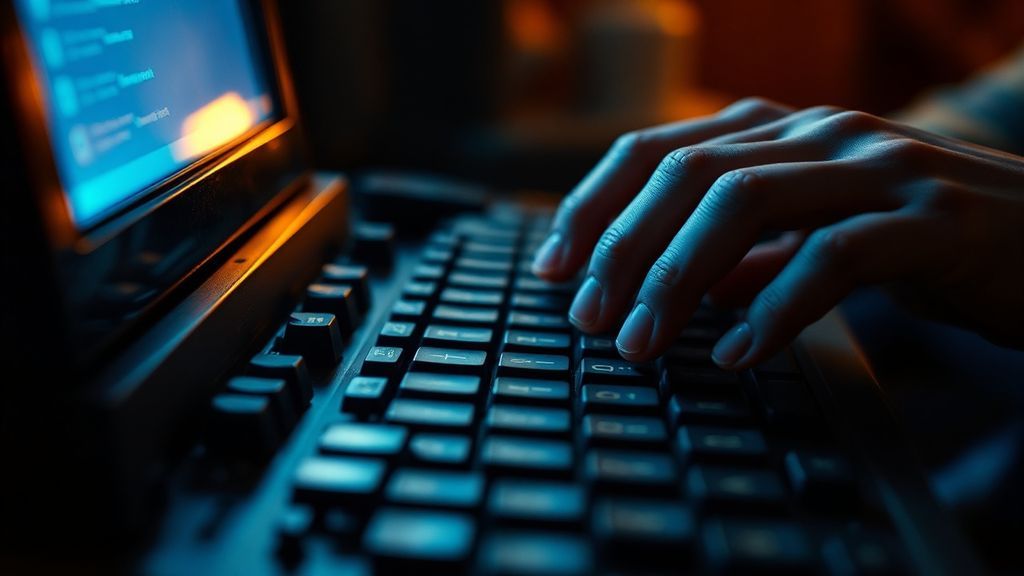 Close-up of fingers typing on a vintage mechanical keyboard with warm screen glow