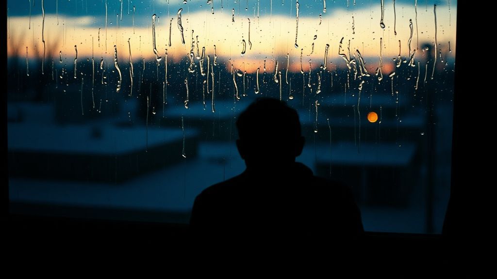 A solitary figure viewed through a rain-streaked window at dusk