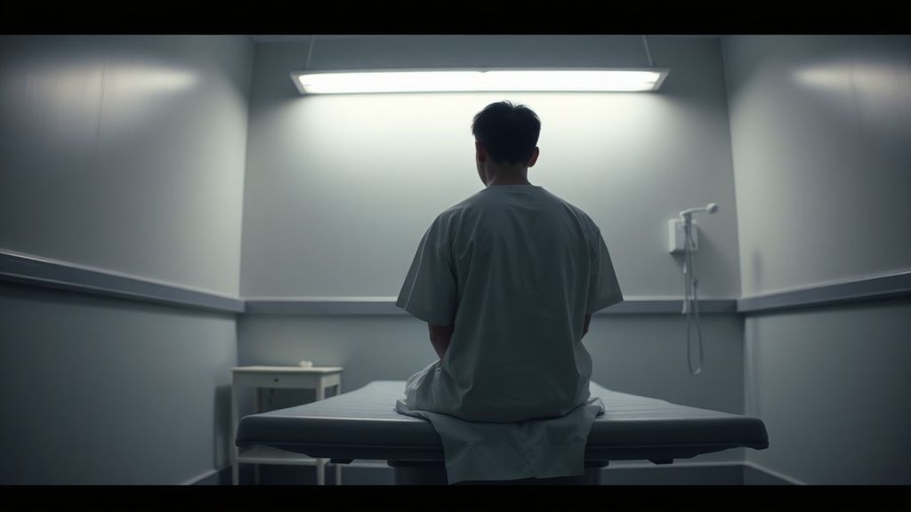 A patient sitting alone in a clinical examination room with soft overhead lighting