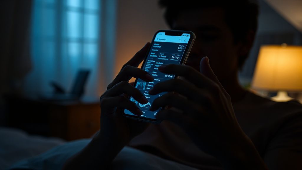 Close-up of hands holding a smartphone displaying medical test results in a dim room