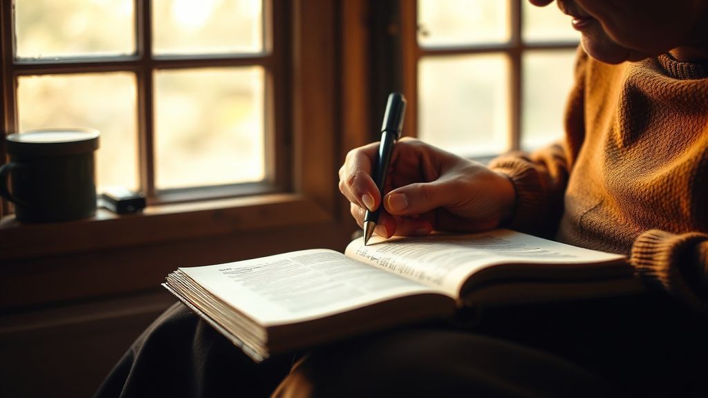 An elderly person writing in a leather-bound journal by window light