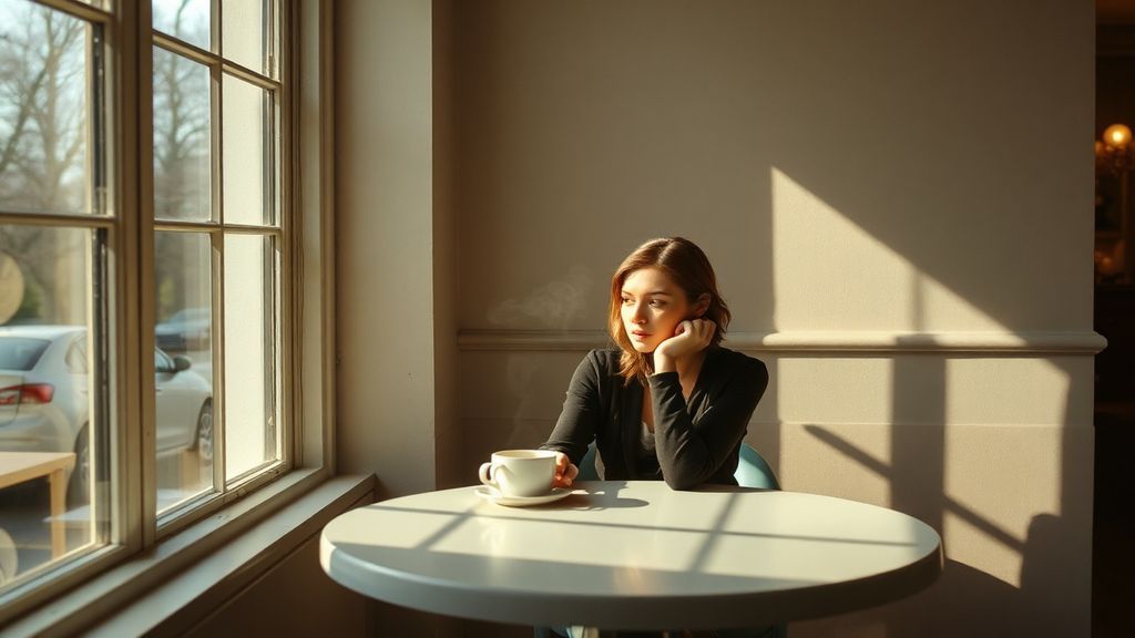 A woman sitting alone at a coffee shop window, morning light streaming in