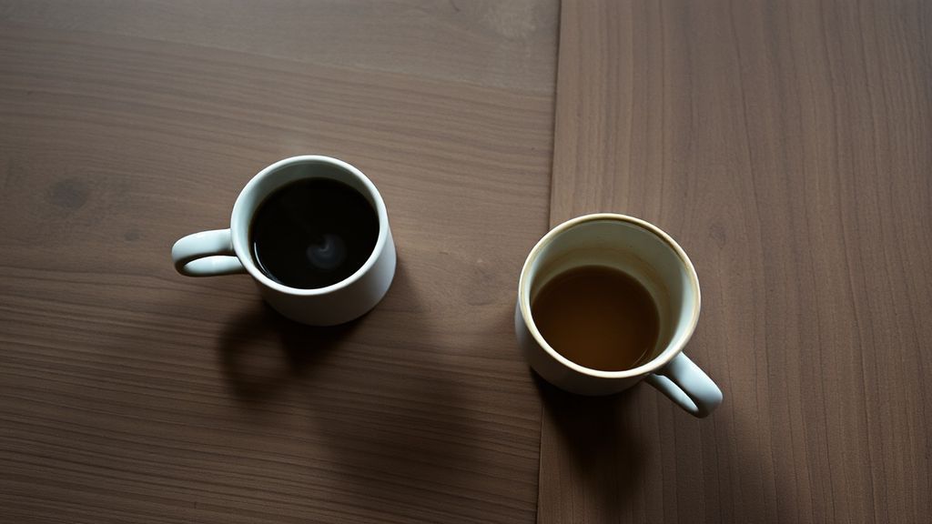 Two coffee cups on a wooden table, one full and steaming, one empty and pushed aside