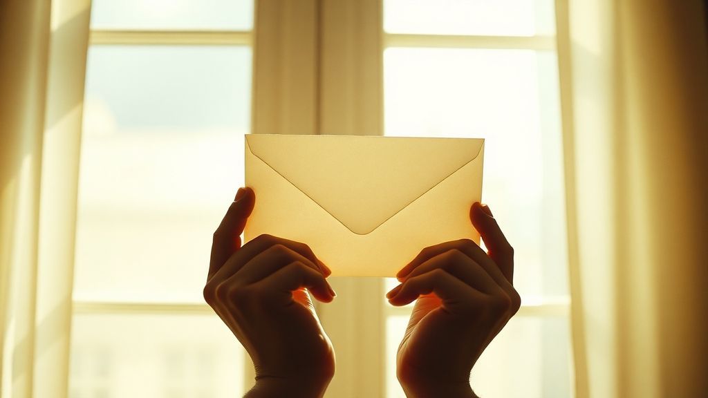 Hands holding an unsealed envelope against a window, light filtering through