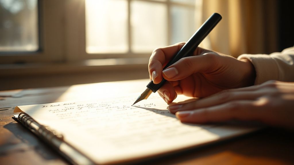 Hands holding a fountain pen over aged paper in morning light