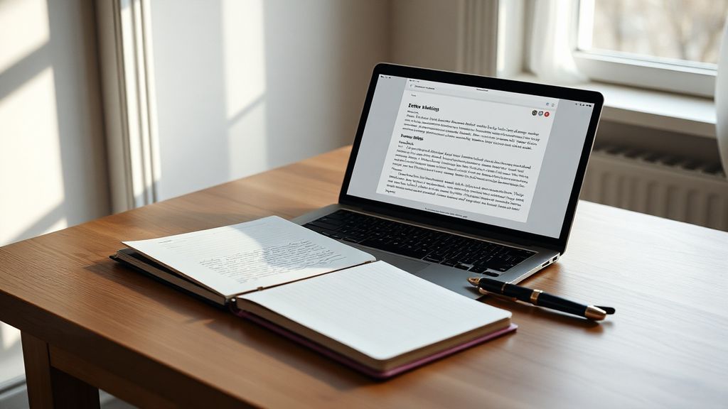 An open laptop displaying a simple letter composition interface next to a handwritten notebook