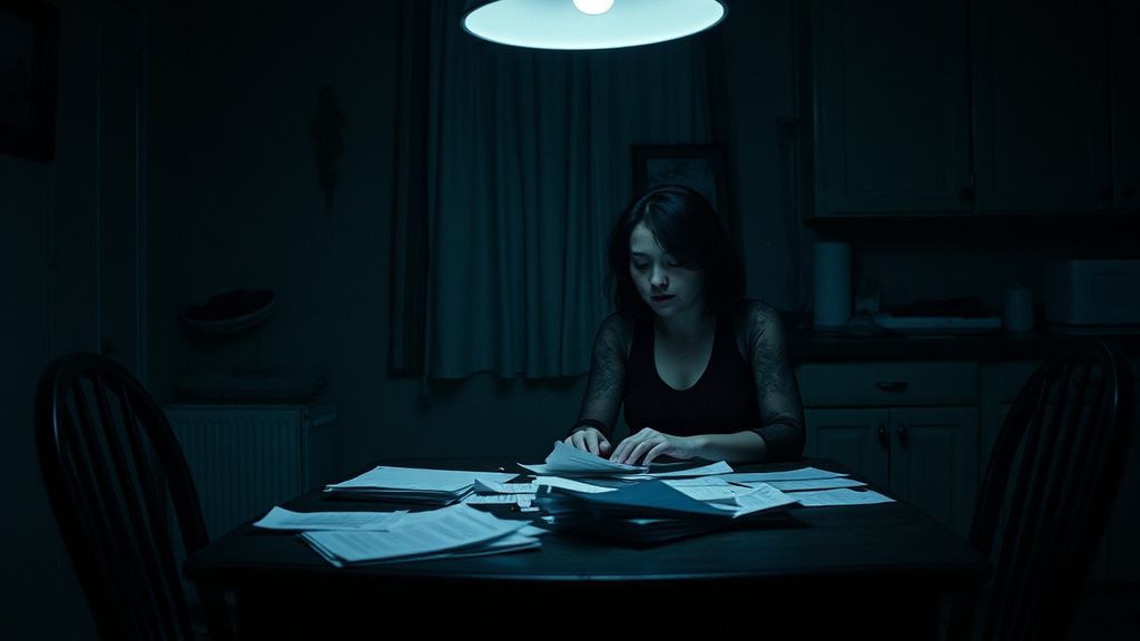 A woman sitting alone at a kitchen table late at night with papers spread before her