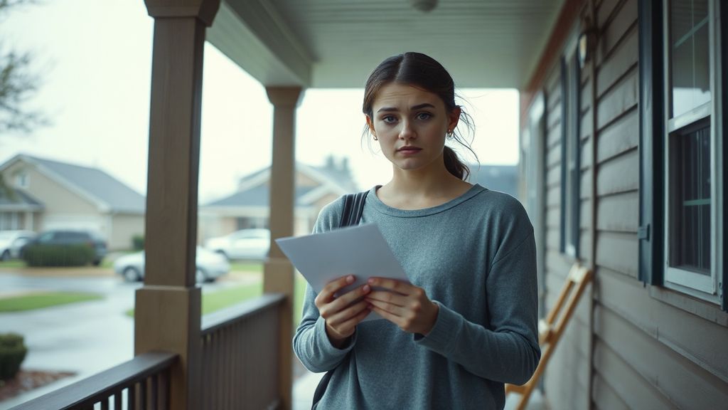 A young woman standing in rain on a suburban porch holding an opened envelope