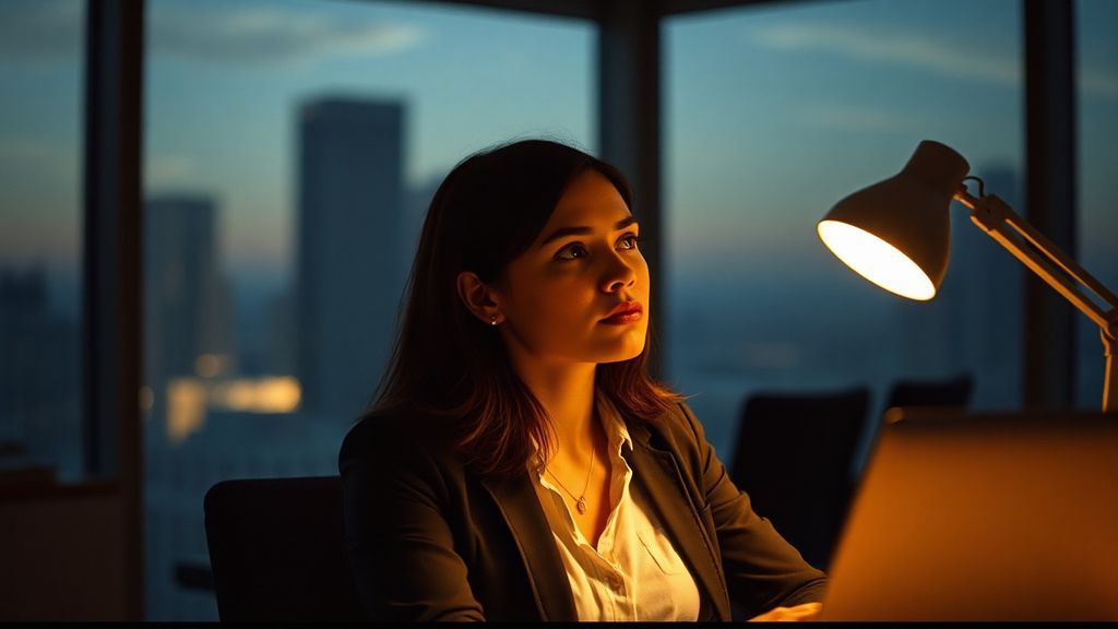 A woman sitting alone in a modern office at dusk, light from a single desk lamp illuminating her face