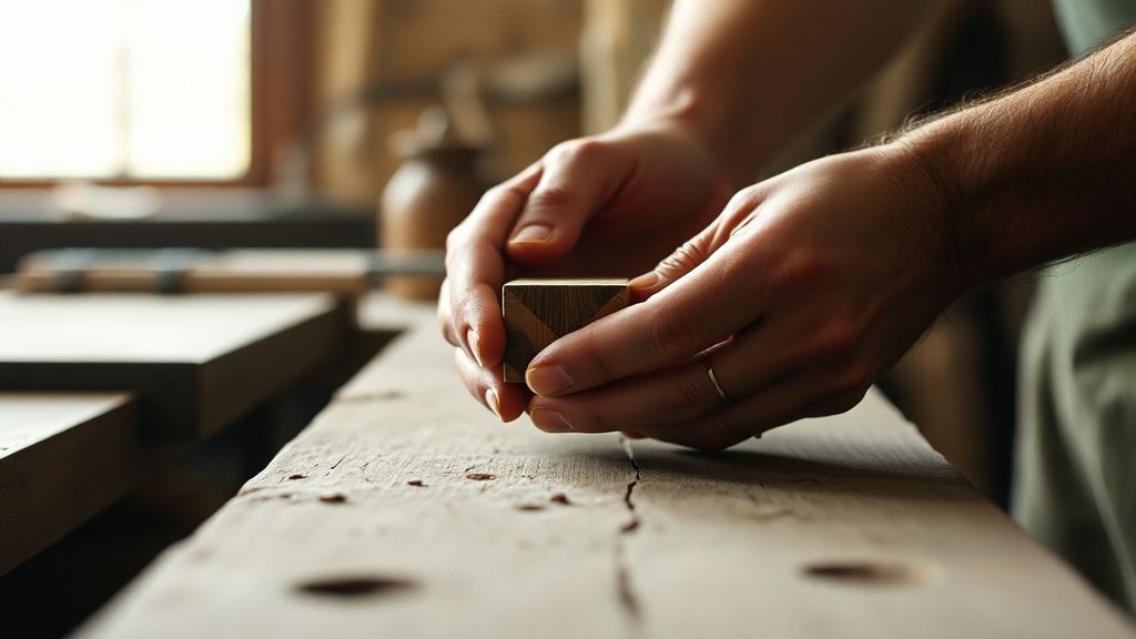 Hands passing a small wooden object across a weathered workbench, representing knowledge transfer between generations