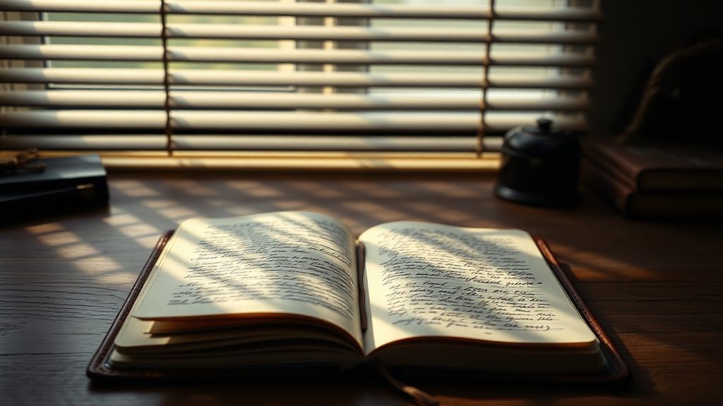 An open leather journal on a wooden desk with handwritten pages visible, morning light streaming through blinds