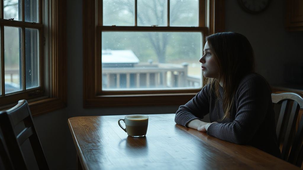 A woman sitting alone at a kitchen table with coffee, staring at rain on window