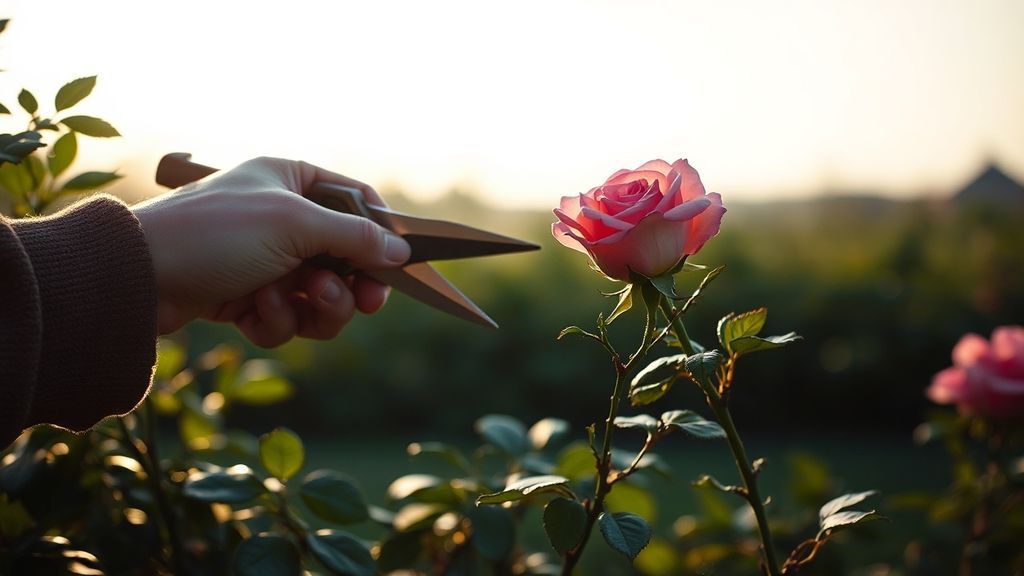 Hands pruning a rose bush in morning light with careful intention