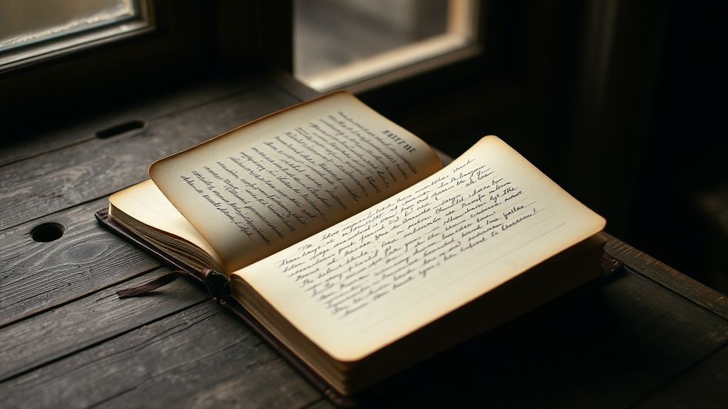 An open notebook with handwritten letter on wooden desk near window