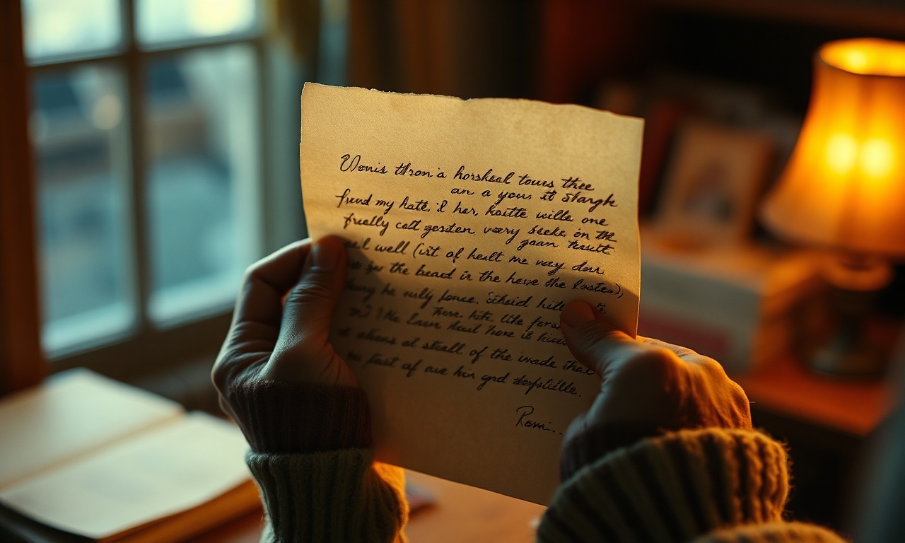 A person reading an old handwritten letter by warm lamplight