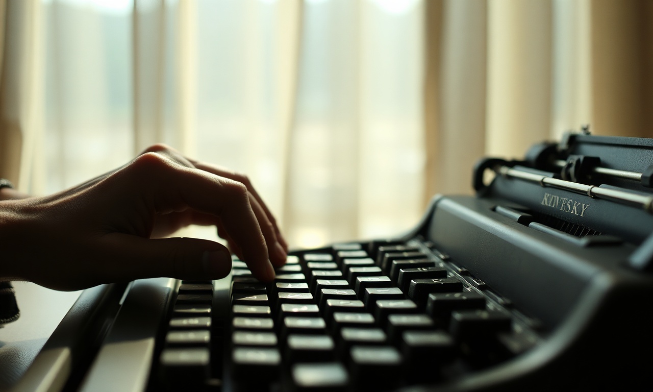 Hands typing on a vintage typewriter with soft morning light