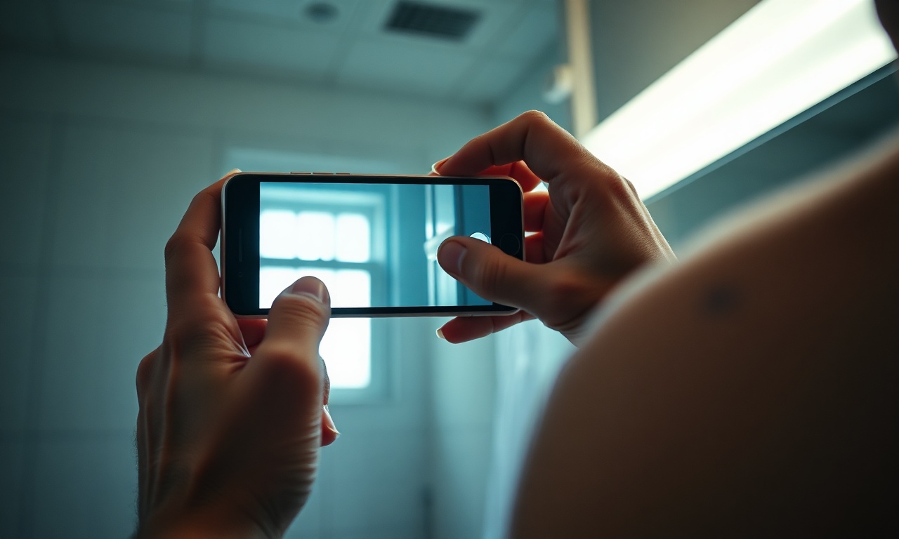 A hand holding a smartphone photographing a small mole on a shoulder in bathroom mirror light