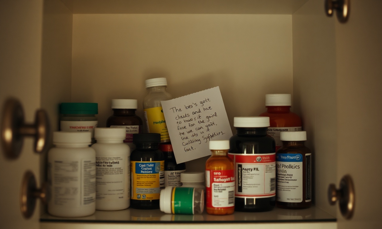 An open medicine cabinet with pill bottles and a small handwritten note visible on a shelf