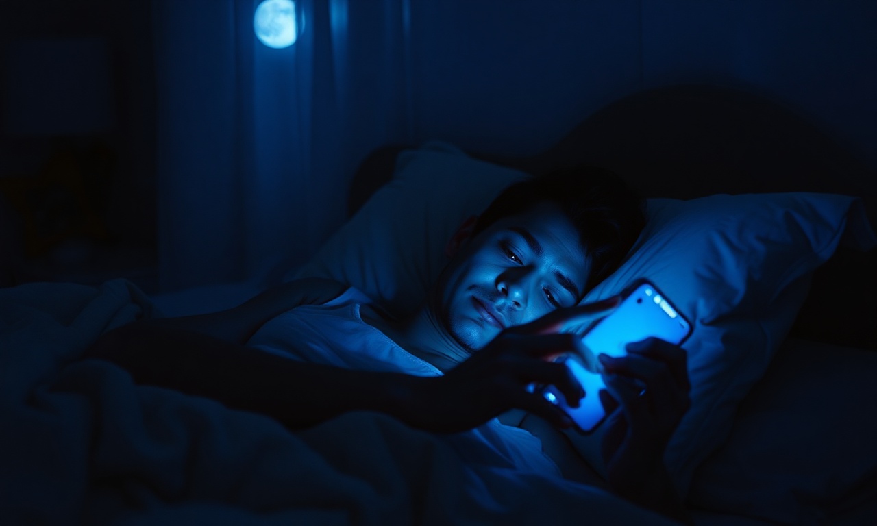 A person scrolling through their phone in bed at night with blue light illuminating their face