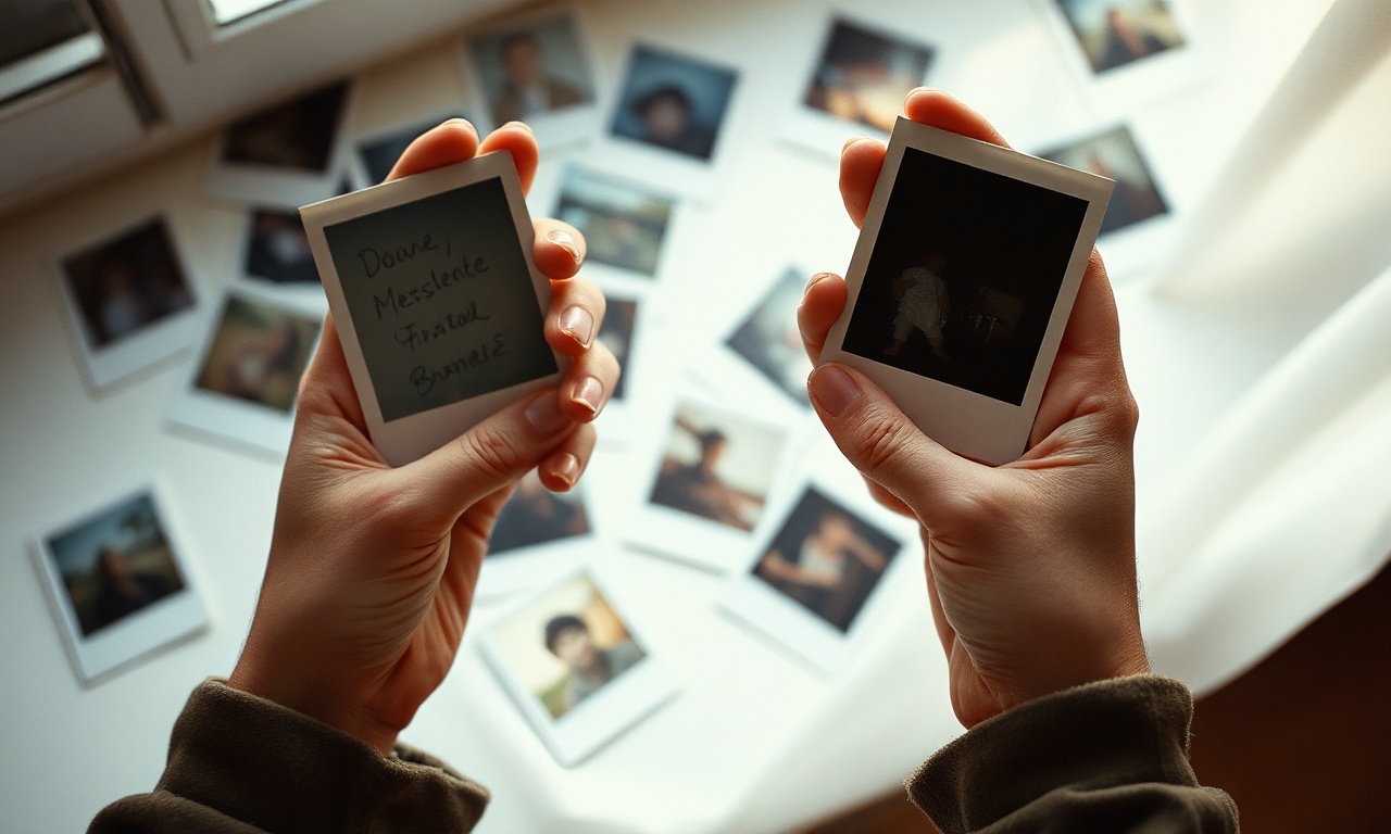 Hands holding old polaroid photographs with handwritten notes on the back