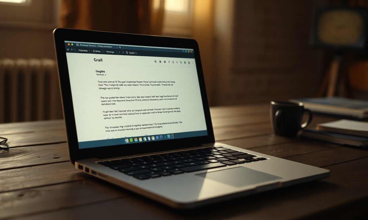 An open laptop on a wooden desk showing an unsent email draft with visible cursor