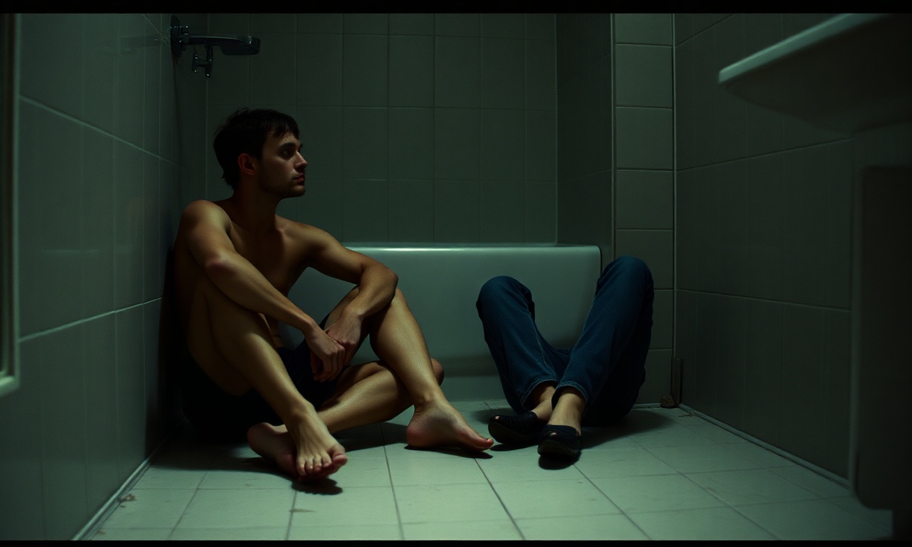Two people sitting on a bathroom floor in half-darkness, one comforting the other