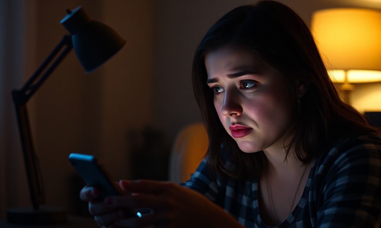 A person staring at their phone in a dimly lit room with a worried expression