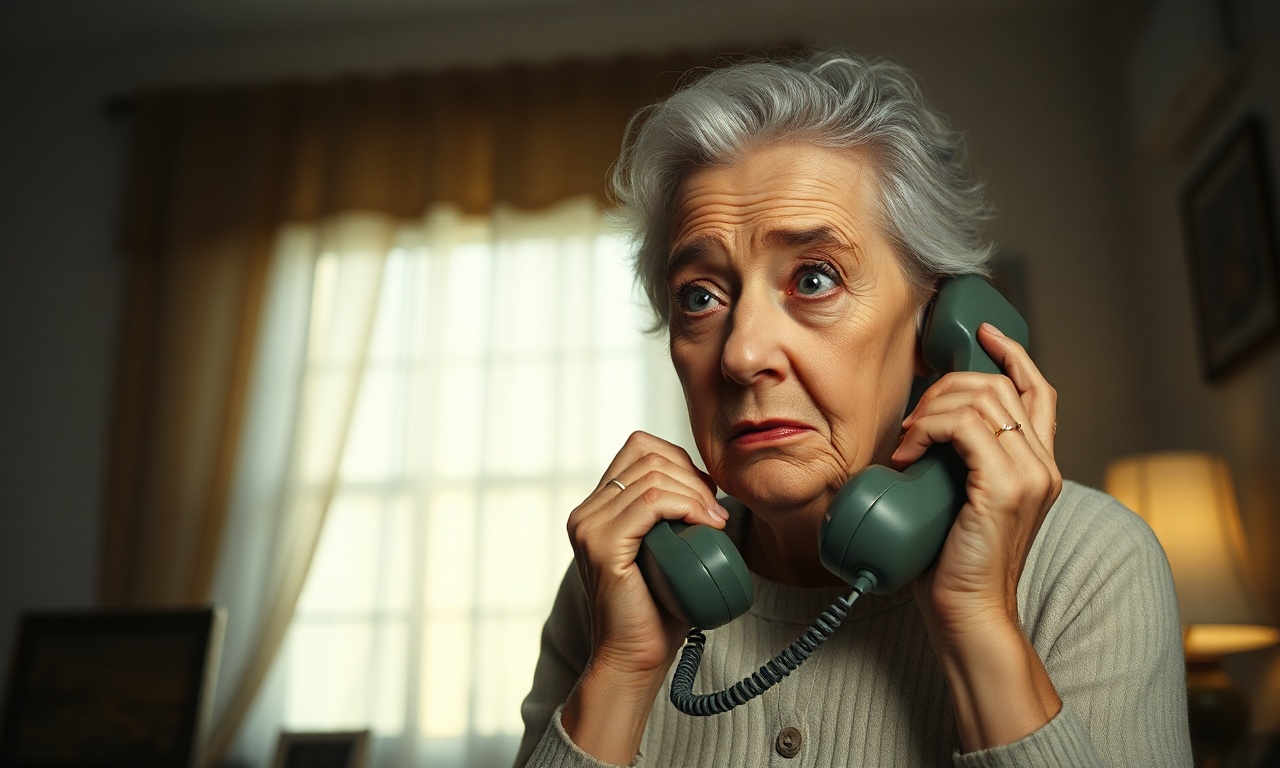 An elderly woman on a landline phone looking confused and concerned