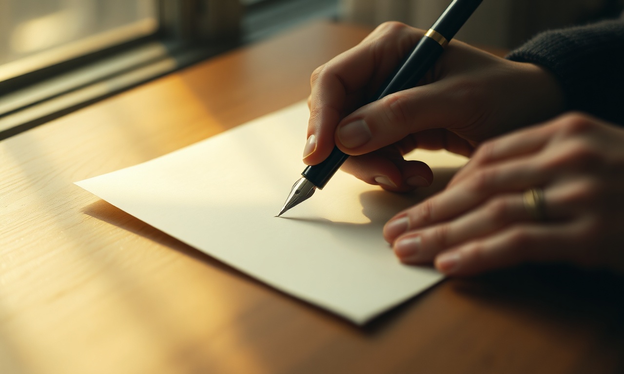 Hands writing a letter with fountain pen on textured paper