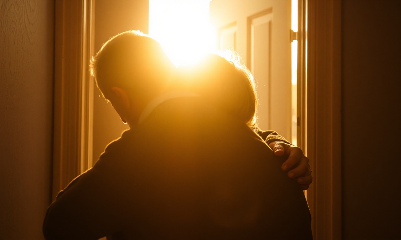 Adult child embracing elderly parent in doorway