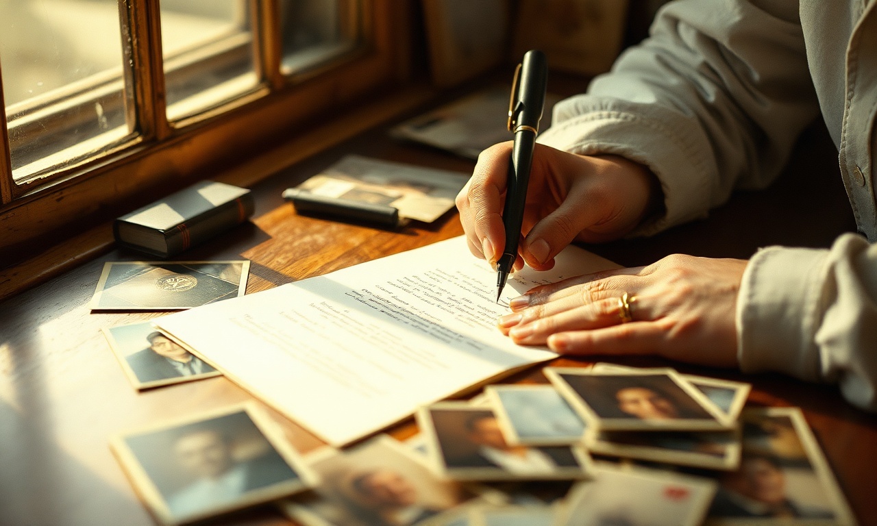 Hands writing letter by window light with photographs nearby