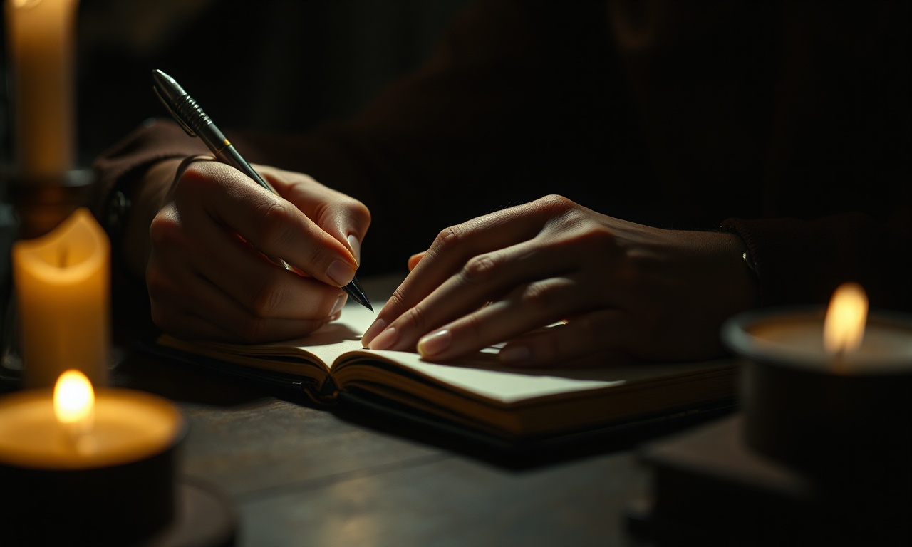 Person writing by candlelight in a notebook