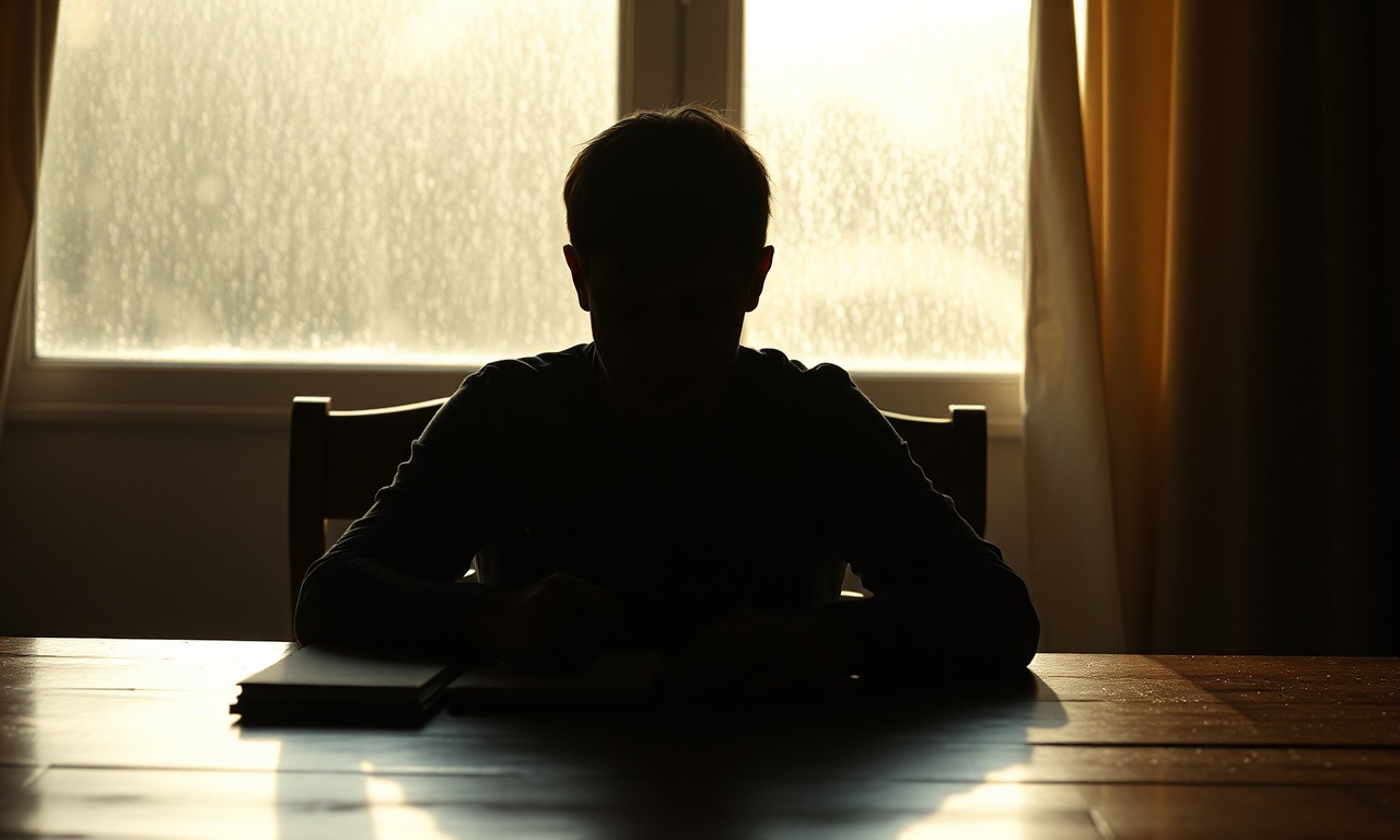 Silhouette of person at desk with window light and floating dust