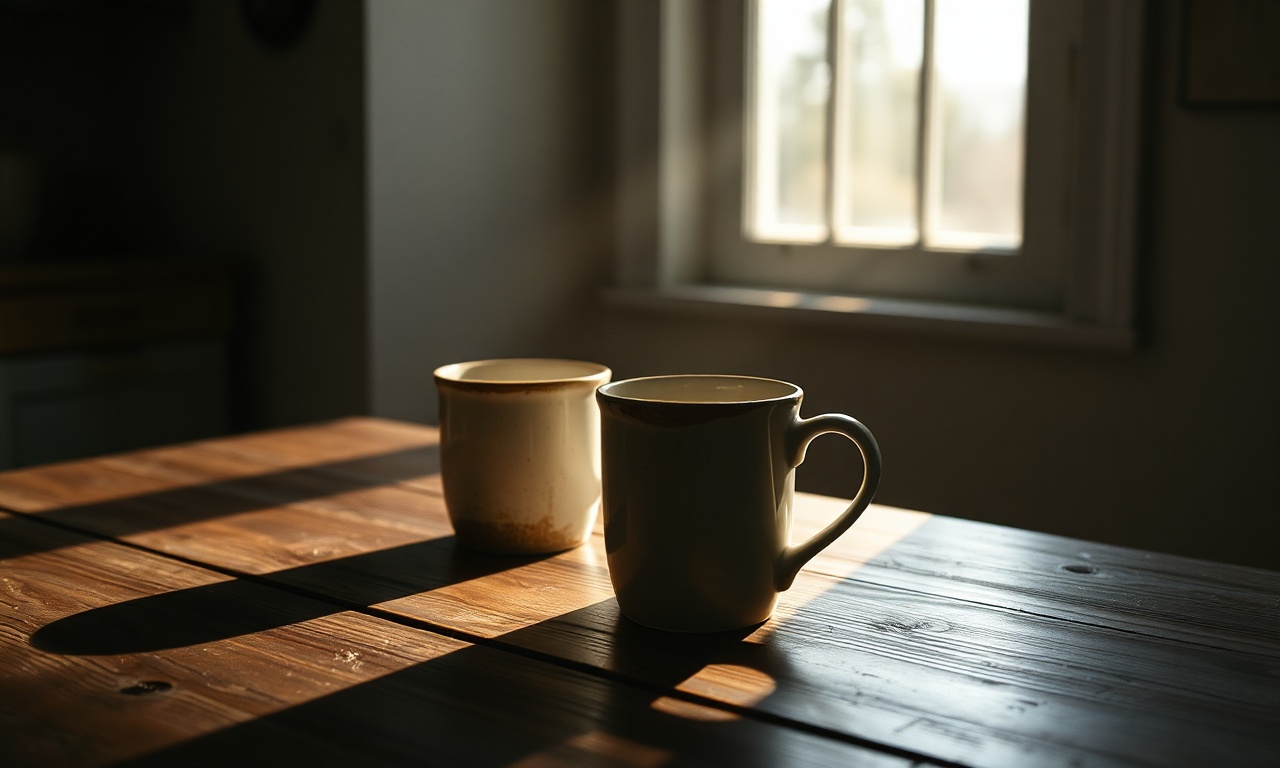 Two coffee mugs on a wooden table, morning light streaming through window