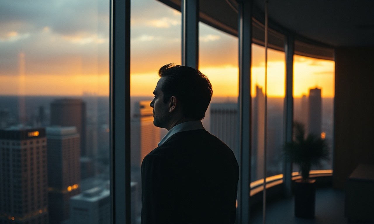 A person staring out a high-rise office window at dusk, city lights below