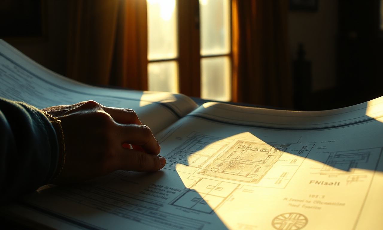 Hands holding weathered architectural blueprints in warm afternoon light