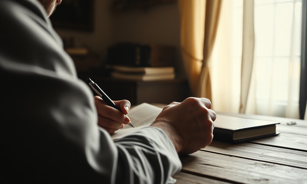 A person writing in a leather journal at a wooden desk, soft morning light