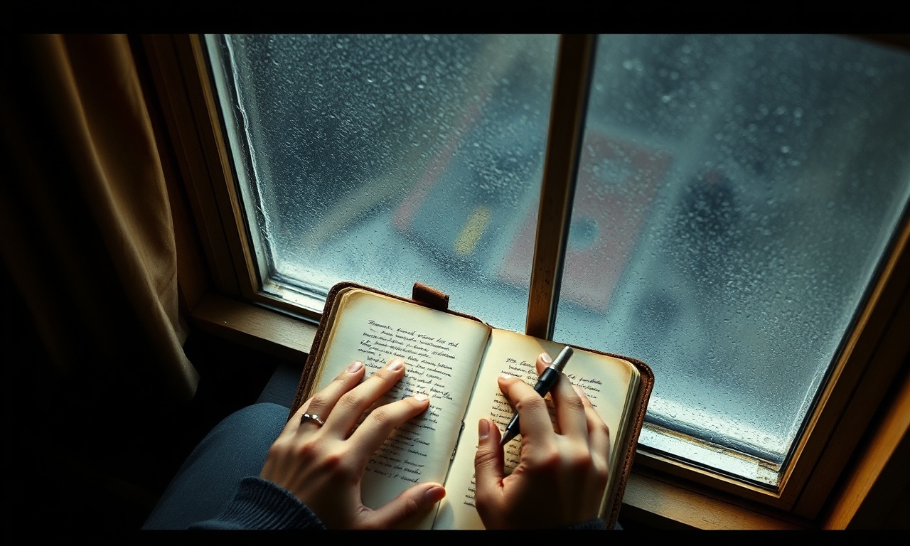 Hands writing in a leather journal beside a window with rain