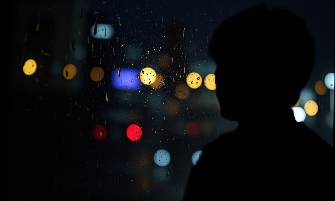 A person looking at their reflection in a rain-covered window